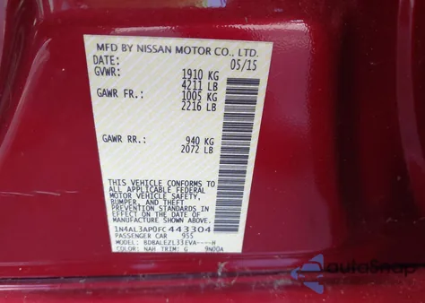 2015 Nissan Altima 2.5 S from USA, damaged, VIN 1N4AL3AP0FC443304